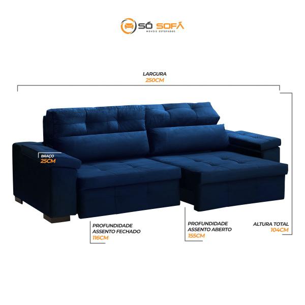 Imagem de Sofá Retrátil 4 Lugares 250 Cm Mola Bonnel D26 Reclinável Modena Suede Azul - SóSofá