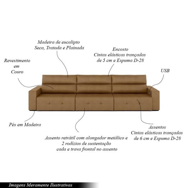 Imagem de Sofá Retrátil 4 Lugares 284cm 3 Módulos Nero com USB Couro Caramelo G52 - Gran Belo