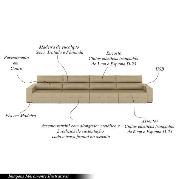 Imagem de Sofá Retrátil 6 Lugares 364cm 4 Módulos Nero com USB Couro Bege G52 - Gran Belo