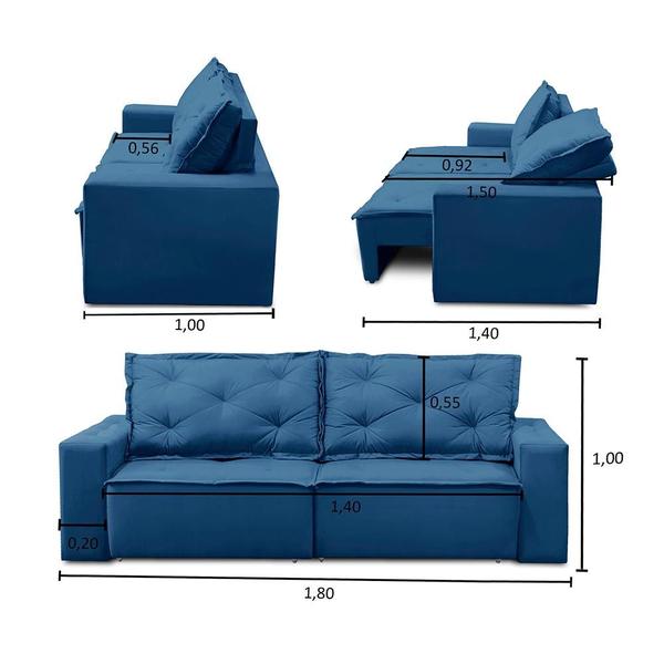 Imagem de Sofá Retrátil e Reclinável 3 lugares com Molas 1,80m Alicia Suede Azul Kaleo Decor