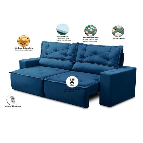 Imagem de Sofá Retrátil e Reclinável 3 lugares com Molas 1,80m Lorena Suede Azul Kaleo Decor