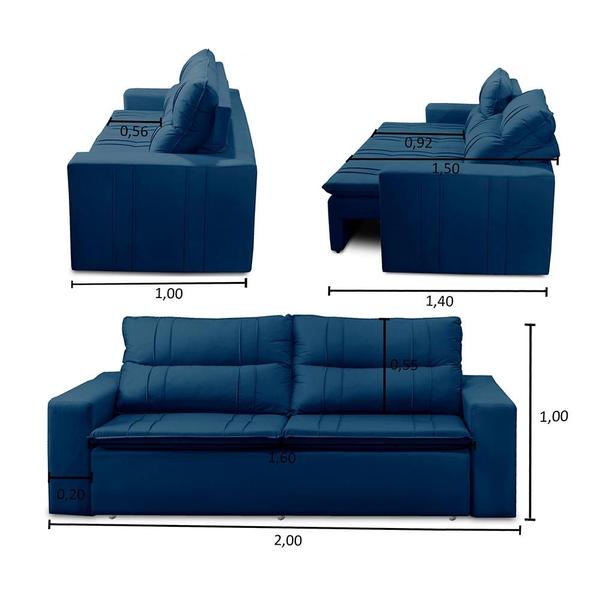 Imagem de Sofá Retrátil e Reclinável 3 lugares com Molas 2,00m Estela Suede Azul Kaleo Decor