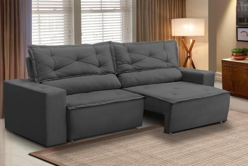 Sofá Retrátil e Reclinável 3 lugares com Molas 2,00m Livia Suede Cinza Adonai Estofados Sofá Retrátil e Reclinável 3 lugares com Molas 2,00m Livia Suede Cinza Adonai Estofados