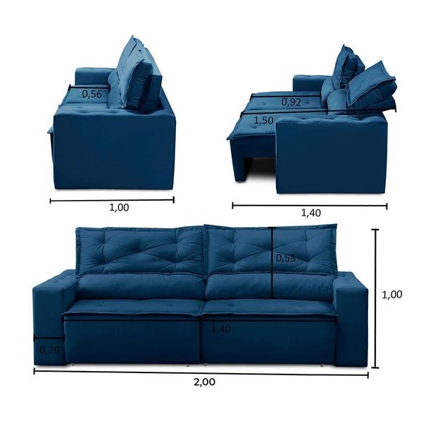 Imagem de Sofá Retrátil e Reclinável 3 lugares com Molas 2,00m Lorena Suede Azul Kaleo Decor