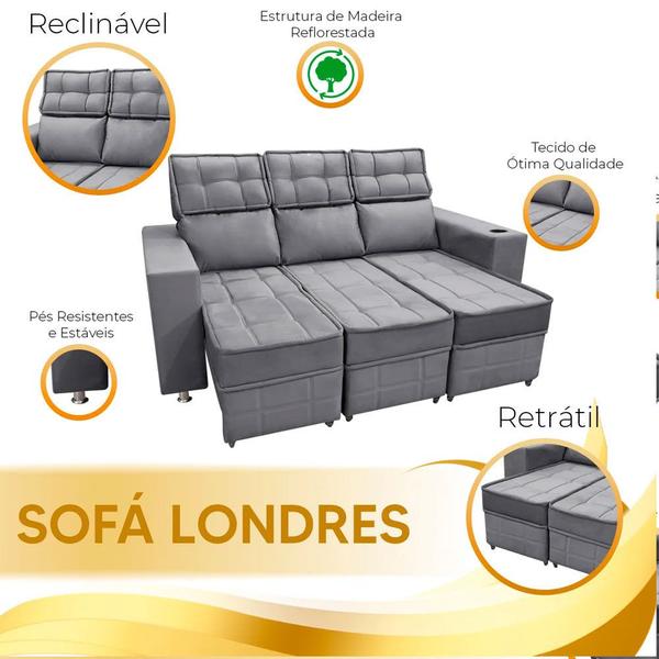 Imagem de Sofá Retrátil e Reclinável 3 lugares Londres 1.90cm com Molas Suede Speciale Home