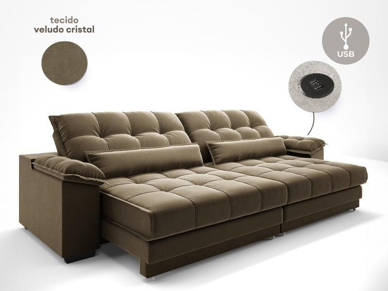 Imagem de Sofá Retrátil e Reclinável com Molas ensacadas e Carregador USB Colosso 2,10m Veludocristal Castor - NETSOFAS