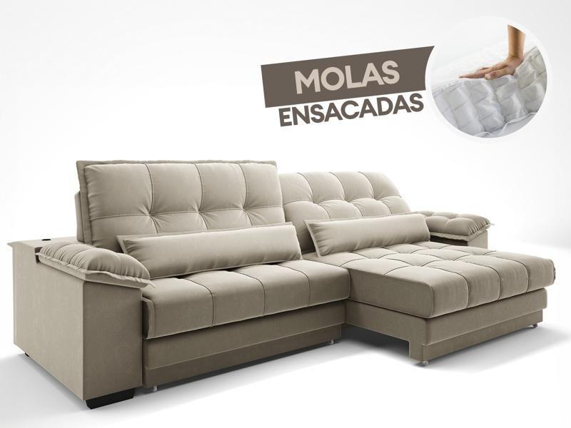 Imagem de Sofá Retrátil e Reclinável com Molas ensacadas e Carregador USB Colosso 2,90m Veludocristal Areia - NETSOFAS