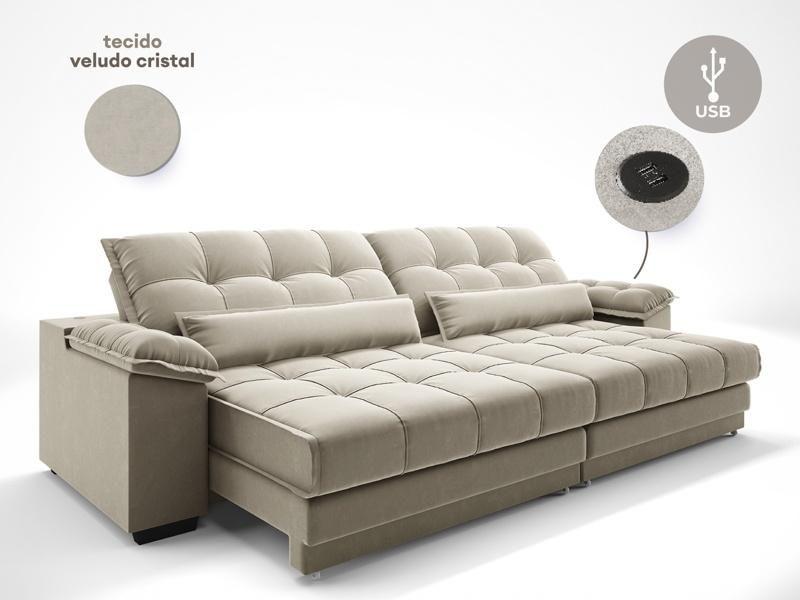 Imagem de Sofá Retrátil e Reclinável com Molas ensacadas e Carregador USB Colosso 2,90m Veludocristal Areia - NETSOFAS