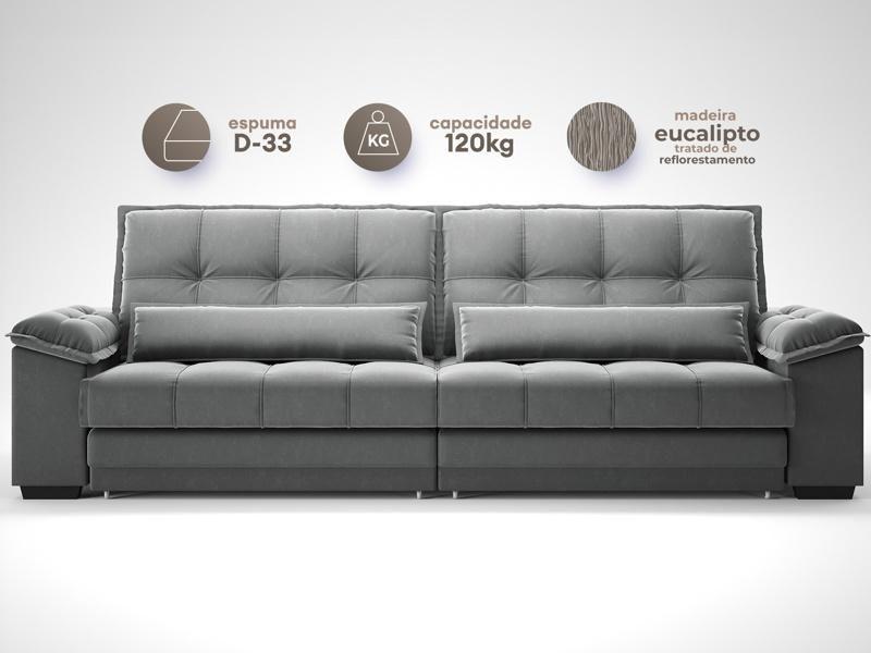 Imagem de Sofá Retrátil e Reclinável com Molas ensacadas e Carregador USB Colosso 2,90m Veludocristal Cinza - NETSOFAS