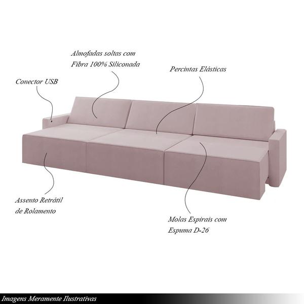 Imagem de Sofá Retrátil Embutido Modulado 5 Lugares Xerxes 292cm USB Veludo Rosê G33 - Gran Belo
