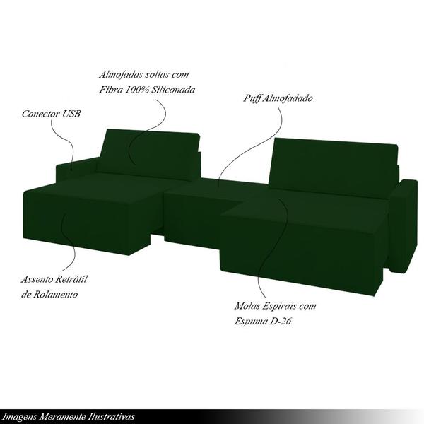 Imagem de Sofá Retrátil Embutido Modulado com Puff 3 Lugares Xerxes 249cm Veludo Verde G33 - Gran Belo