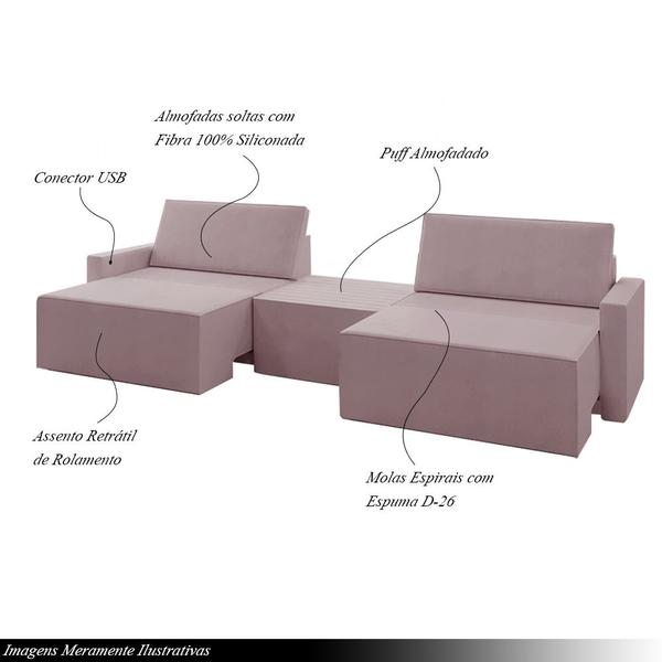 Imagem de Sofá Retrátil Embutido Modulado com Puff 5 Lugares Xerxes 289cm Veludo Rosê G33 - Gran Belo