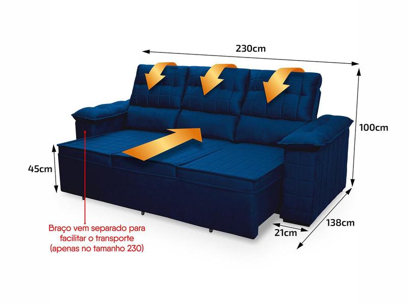 Imagem de Sofá Retrátil Reclinável 4 lugares com molas 2,30m Quantum Suede Velut Azul - King House