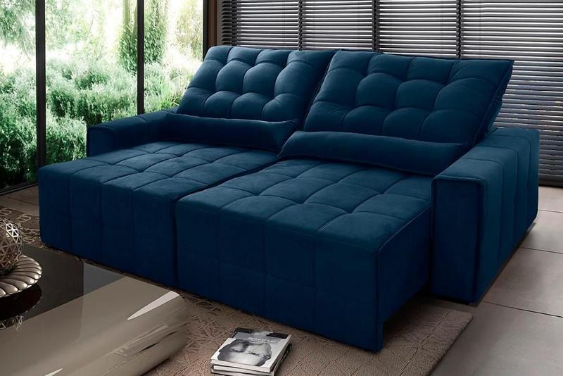 Imagem de Sofá Retrátil Reclinável Alaska 2,70m Suede Velut Azul Marinho Molas no Assento - King House