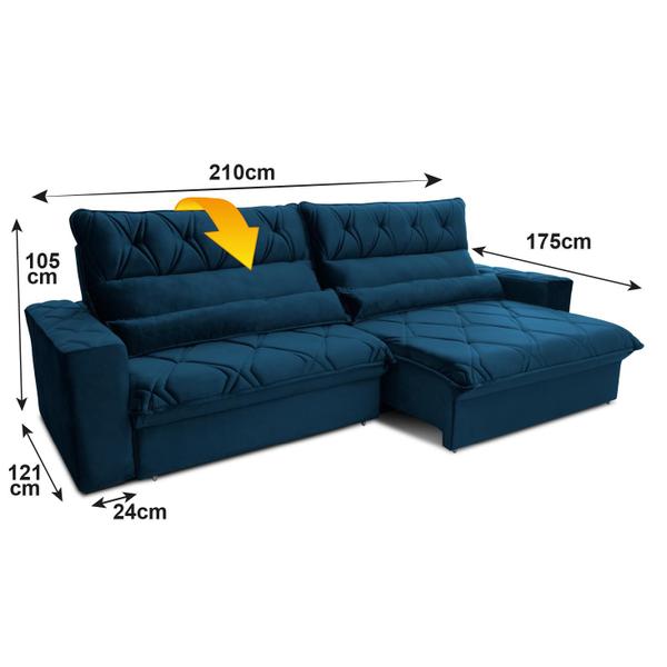 Imagem de Sofá Retrátil/Reclinável França 2,10m Suede Velut Azul Marinho c/ Molas no Assento - King House