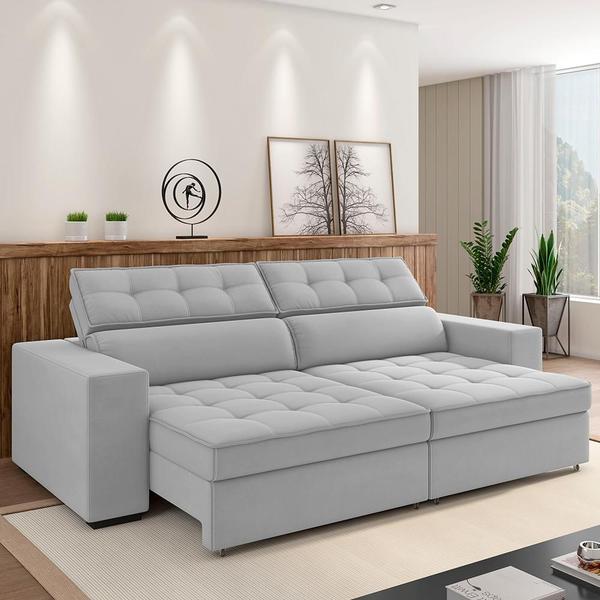 Imagem de Sofá Retrátil Reclinável Para Sala de Estar Living 218cm Clara M03 Veludo Cinza - Lyam Decor