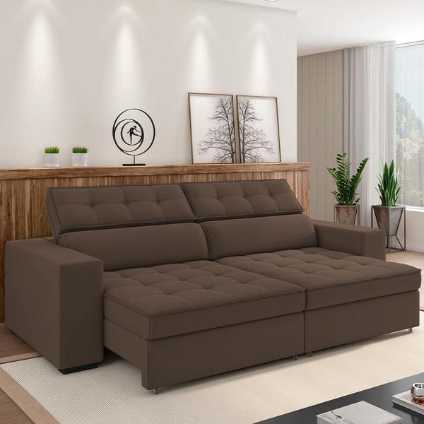 Imagem de Sofá Retrátil Reclinável Para Sala de Estar Living 218cm Clara M03 Veludo Marrom - Lyam Decor