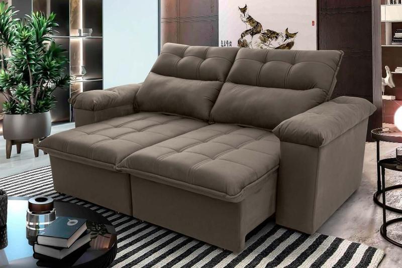 Sofá Retrátil/Reclinável Verona 1,80m Suede Velut Tabaco c/ Molas no Assento - King House Sofá Retrátil/Reclinável Verona 1,80m Suede Velut Tabaco c/ Molas no Assento - King House