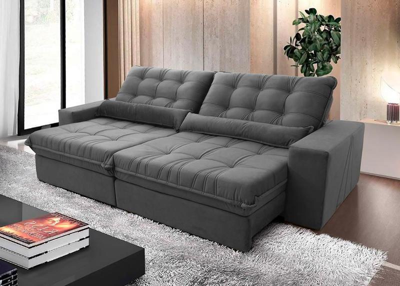 Sofá Retrátil/Reclinável Zurique 2,70m Suede Velut Cinza c/ Molas no Assento - King House Sofá Retrátil/Reclinável Zurique 2,70m Suede Velut Cinza c/ Molas no Assento - King House