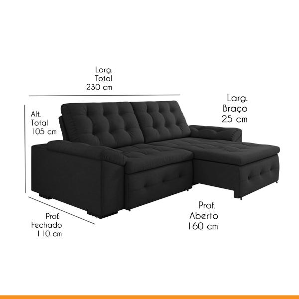 Imagem de Sofá Suede Impermeável Retrátil 4 Lugares Reclinável New Queen 230 Cm Preto - SóSofá