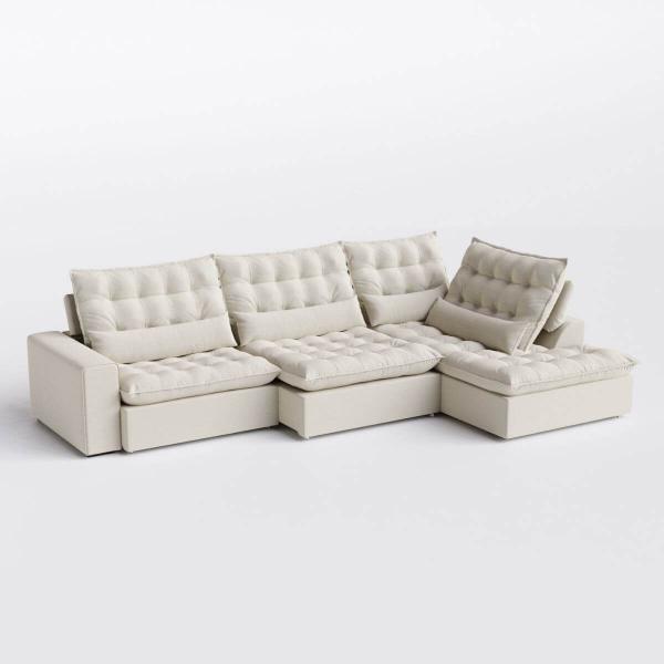 Imagem de Sofá Volt com Chaise 3,00m em Veludo Atenas Off White - Home Mobily