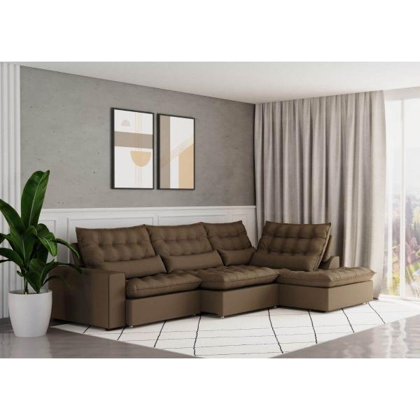 Imagem de Sofá Volt com Chaise 3,80m em Suede Veludo Marrom - Home Mobily