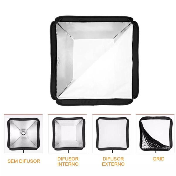 Soft box com Tela Grid e Suporte Flash Speedlite Godox 60x60 para Canon Nikon Yongnuo Imagem de Soft box com Tela Grid e Suporte Flash Speedlite Godox 60x60 para Canon Nikon Yongnuo