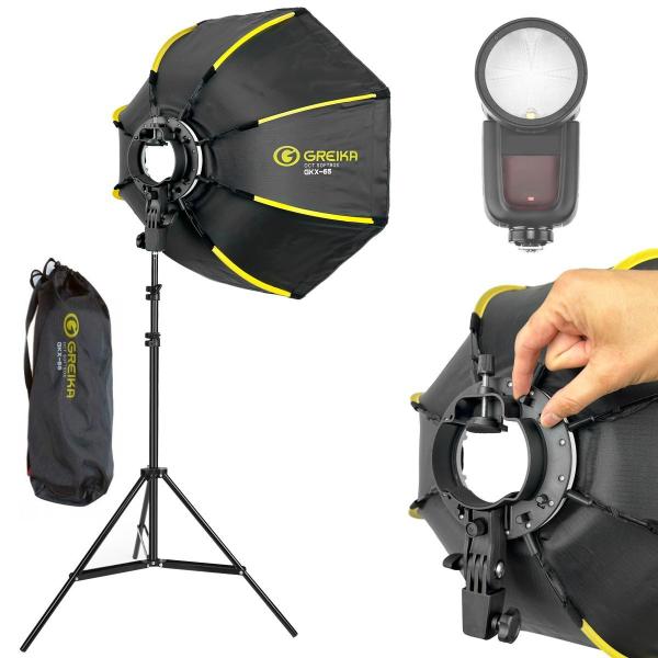 Imagem de Softbox Para Flash Speedlite Cabeça Redonda Greika Montagem Rápida 65cm + Tripé