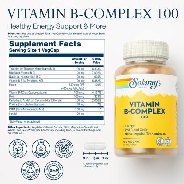 Solaray Vitamina B-Complex 100 mgs, Energia Saudável, Formação de Células Sanguíneas & Suporte de Transmissão de Impulso Nervoso, 100 VegCaps Imagem de Solaray Vitamina B-Complex 100 mgs, Energia Saudável, Formação de Células Sanguíneas & Suporte de Transmissão de Impulso Nervoso, 100 VegCaps