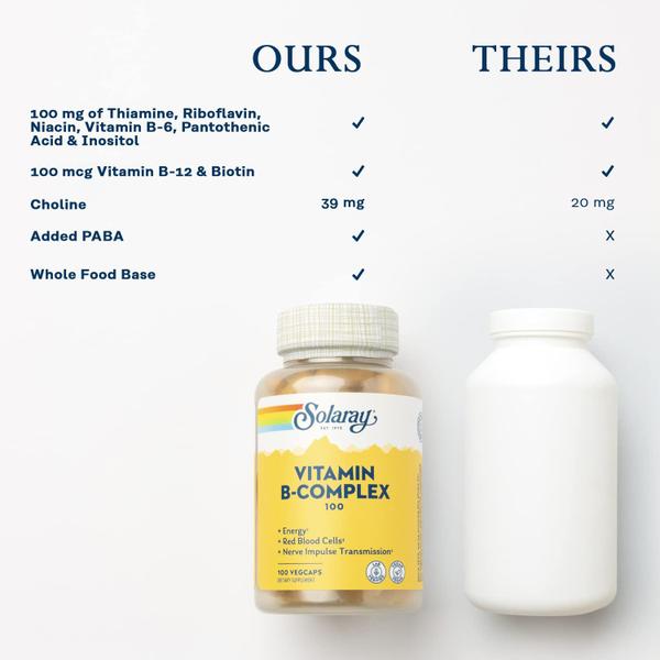 Solaray Vitamina B-Complex 100 mgs, Energia Saudável, Formação de Células Sanguíneas & Suporte de Transmissão de Impulso Nervoso, 100 VegCaps Imagem de Solaray Vitamina B-Complex 100 mgs, Energia Saudável, Formação de Células Sanguíneas & Suporte de Transmissão de Impulso Nervoso, 100 VegCaps