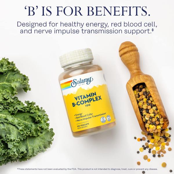 Solaray Vitamina B-Complex 100 mgs, Energia Saudável, Formação de Células Sanguíneas & Suporte de Transmissão de Impulso Nervoso, 100 VegCaps Imagem de Solaray Vitamina B-Complex 100 mgs, Energia Saudável, Formação de Células Sanguíneas & Suporte de Transmissão de Impulso Nervoso, 100 VegCaps