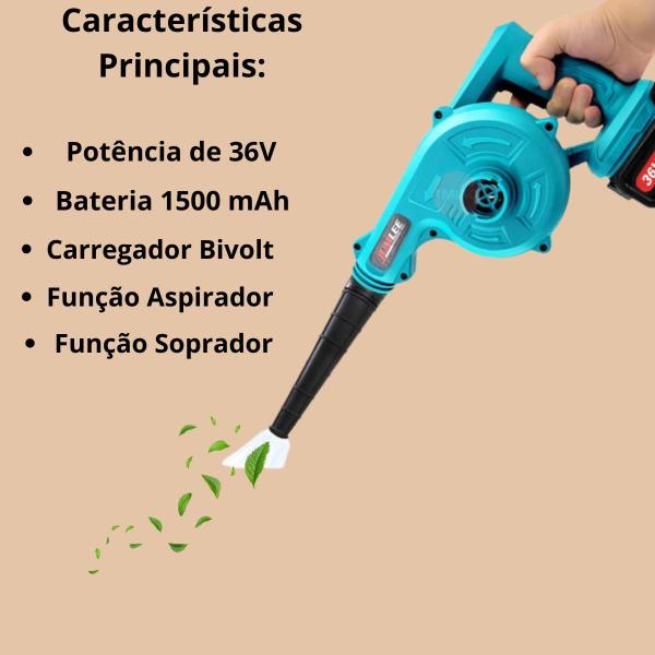 Imagem de Soprador Aspirador Folhas Sem Fio Turbo Bateria Jardim Carro