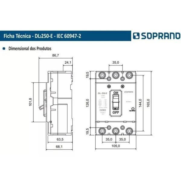 Imagem de Soprano disjuntor caixa moldada trifasico dlj250-e - 100a