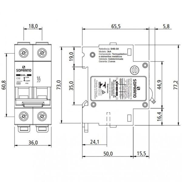 Imagem de Soprano Disjuntor Din Bifásico Curva-c 32a 3ka Shb2-c032a