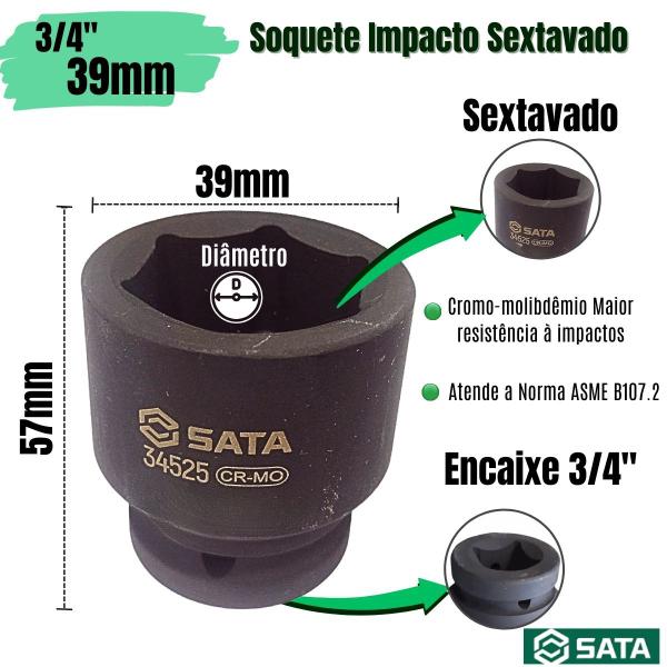 Imagem de Soquete de Impacto Sextavado Curto 39mm Encaixe 3/4" SATA