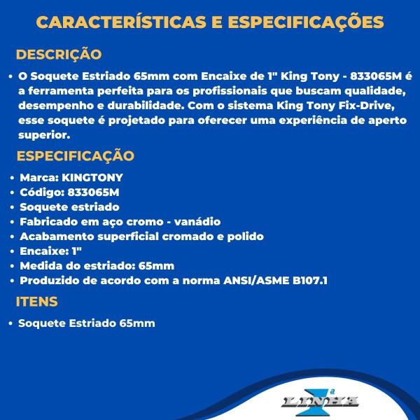 Imagem de Soquete Estriado 65mm com Encaixe de 1" King Tony - 833065M