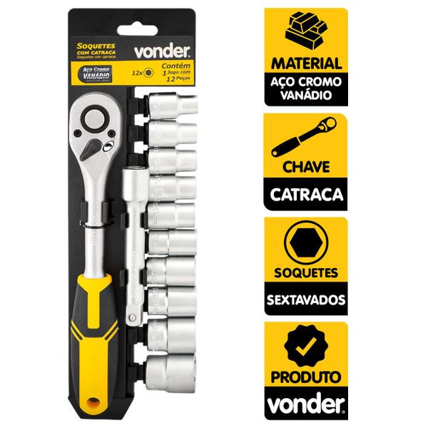 Imagem de Soquetes Sextavado 1/2" 10mm A 24mm Com Catraca 12pçs Vonder