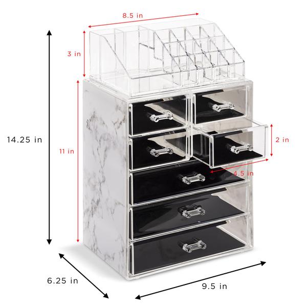 Imagem de Sorbus Luxe Marble Cosmetic Makeup and Jewely Storage Case Display - Design Espaçoso - Ótimo para Banheiro, Cômodo, Vaidade e Bancada (3 Grandes, 4 Gavetas Pequenas, Estampa de Mármore)