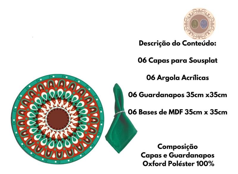 Imagem de Sousplat Tecido C/ Mdf Estampa Digital 6 Lugares 24 Peças Mandala Verde Maju