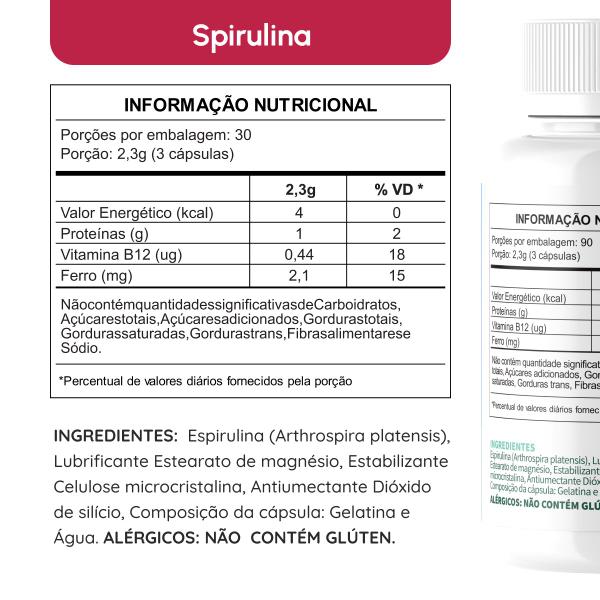 Imagem de Spirulina Cápsulas Natural de 1,7g Com Proteína e Ferro Importada 90 cápsulas Vhita 3 unidades