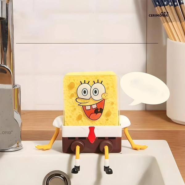 Imagem de SpongeBob SquarePants Escova De Lavar Louça Com Rack De Drenagem Escova De Pote De Pano De Pia De