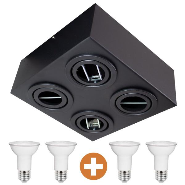 Imagem de Spot Plafon Box Sobrepor Par20 Quadruplo Direcionável Preto + Led