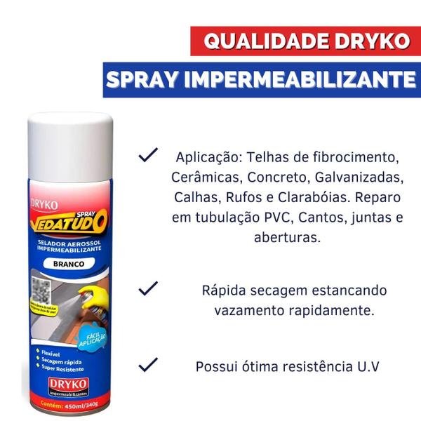 Imagem de Spray Borracha Líquida Impermeabilizante Telhado Emborrachado Dryko 400 ML 235g Telha PVC Clarabóia Tubo Cano