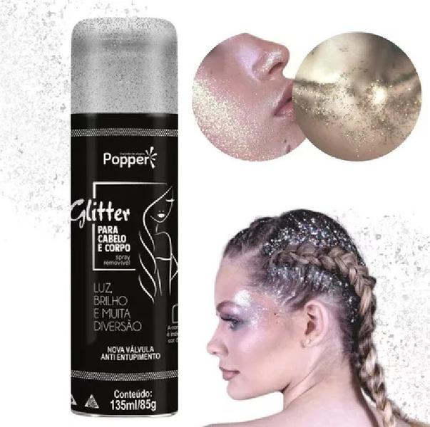 Imagem de Spray Glitter Fixador Prata Para Cabelo Corpo Roupa Carnaval