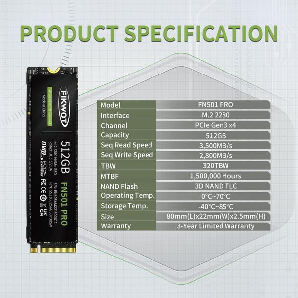 Imagem de SSD NVMe Fikwot FN501 Pro 512GB M.2 2280 PCIe Gen3 x4