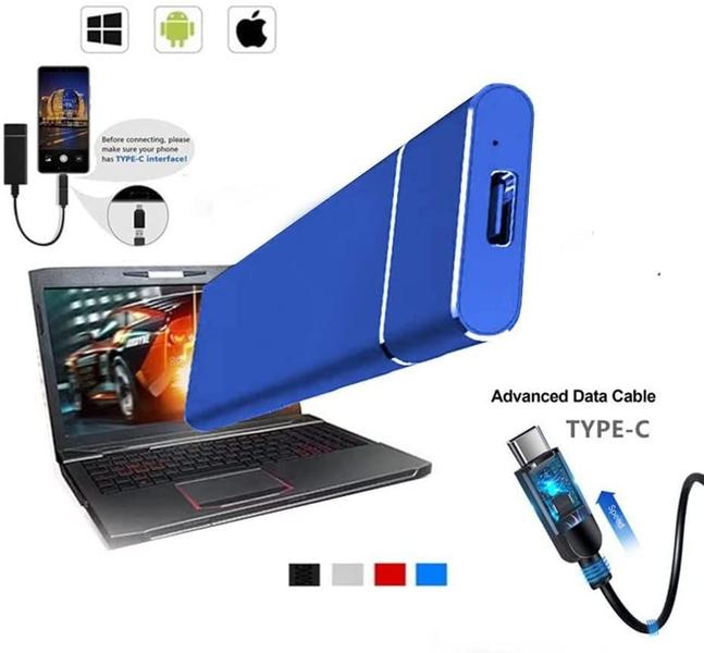 Imagem de SSD portátil de 14 TB Unidade de estado sólido externo Tipo-C/USB Mobile External SSD para PC/Notebook, Mac, PS4 & Xbox (14TB,Azul)