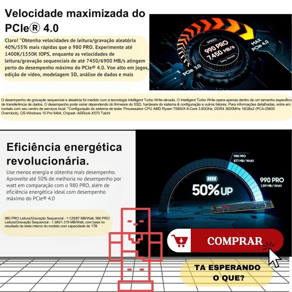 Imagem de Ssd Samsung Nvme 1tb 990 Pro 7450mb/s Pc-Ps5 Gamer M.2