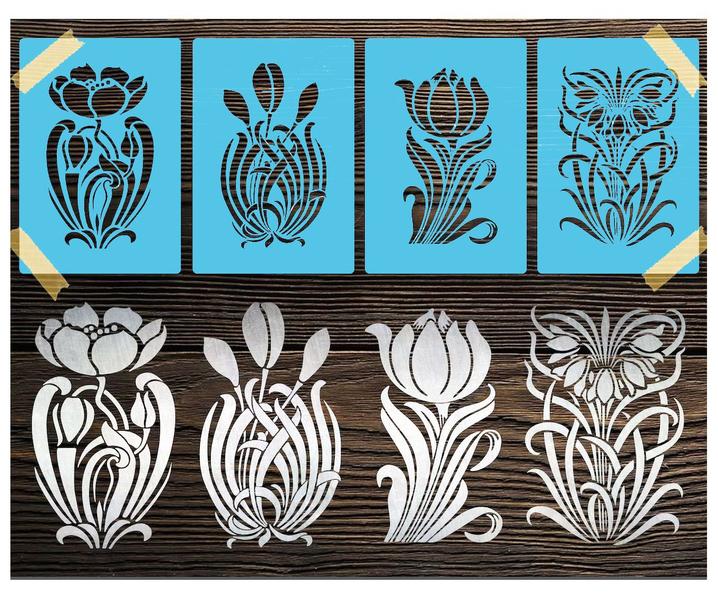 Imagem de Stencil Vintage Floral Planta Molde Vazado 4 Pcs A4