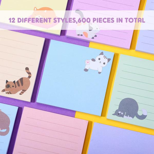 Imagem de Sticky Notes Handepo Cat Theme, 600 folhas, 7,5 x 7,5 cm, pacote com 12