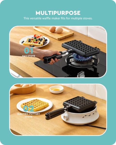 Imagem de Stove Top Iron Waffle Maker, Deep Fill Non-Stick Plates Teflon Coating for Easy Clean 2 Slice Mini Waffle Baking Pan Bakeware for Snacks Breakfast